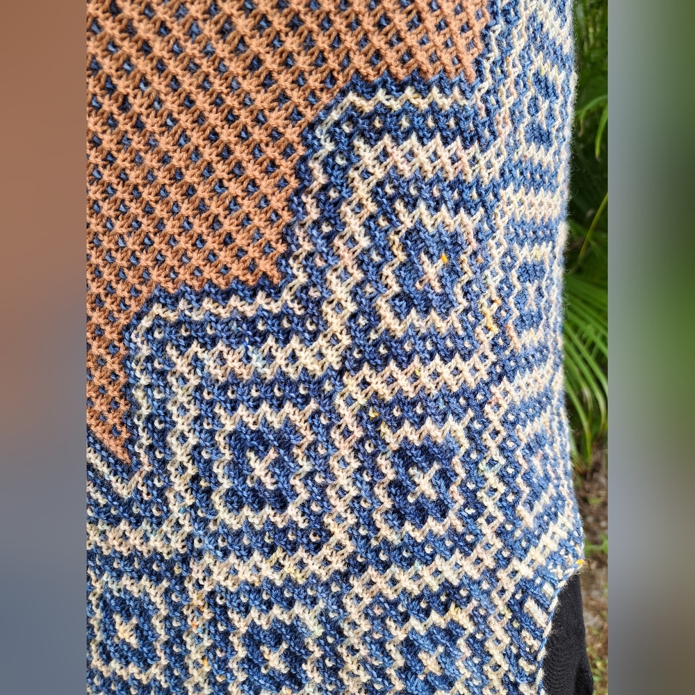 Hand Knit Shawl Blue Brown Beige Hand Dyed Yarn Mosaic Colorwork Soft Warm Cozy - Picture 2 of 16